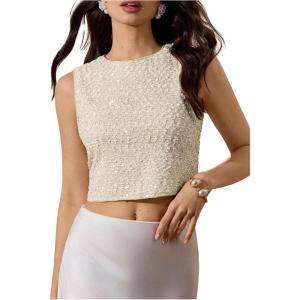 image:imageMakeMeChic Womens Sequin Sparkly Crop Tops Crew Neck Sleeveless Work Office BlouseCream