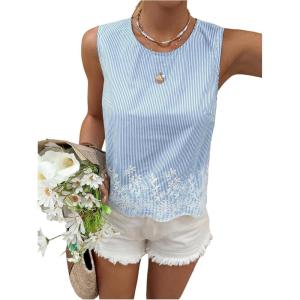image:imageMakeMeChic Womens Striped Floral Blouse Crew Neck Embroidery Sleeveless Summer TopsBlue