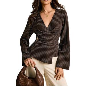 image:imageMakeMeChic Womens Striped V Neck Blouse Tie Back Metal Pleated Long Sleeve Work ShirtBrown
