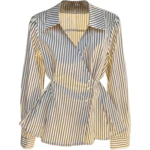 image:imageMakeMeChic Womens Striped Wrap Collared Blouse Long Sleeve Tie Back Business ShirtsBlack and White