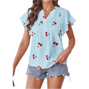 image:imageMakeMeChic Womens Summer Cherry Print Pleated Blouse Notch V Neck Cap Sleeve Shirt TopsBlue