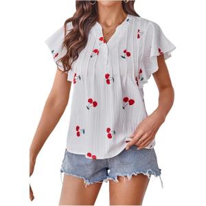 image:imageMakeMeChic Womens Summer Cherry Print Pleated Blouse Notch V Neck Cap Sleeve Shirt TopsMulticolor