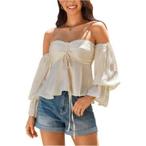 image:imageMakeMeChic Womens Summer Off The Shoulder Tops Vacation Blouse Long Sleeve Ruched Boho Babydoll ShirtBeige