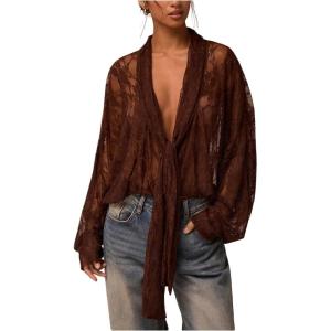 image:imageMakeMeChic Womens Summer Y2K Deep V Neck Floral Lace Cover Up Sheer Long Sleeve Shirt TopBrown