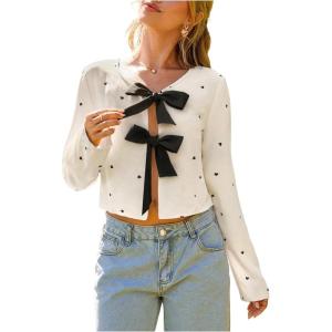 image:imageMakeMeChic Womens Valentines Shirts Blouses Heart Print Bow Tie Front Long Sleeve Going Out Crop TopsWhite