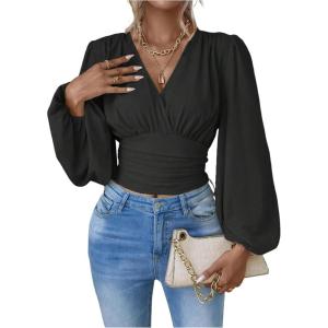 image:imageMakeMeChic Womens Wrap Top V Neck Lantern Sleeve Pleated Casual Blouse Top SpringBlack
