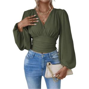 image:imageMakeMeChic Womens Wrap Top V Neck Lantern Sleeve Pleated Casual Blouse Top SpringGreen