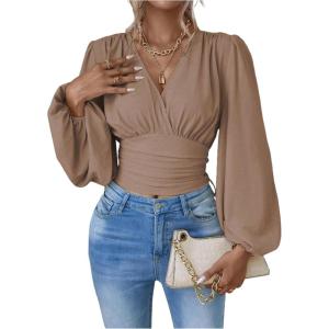 image:imageMakeMeChic Womens Wrap Top V Neck Lantern Sleeve Pleated Casual Blouse Top SpringMocha Brown