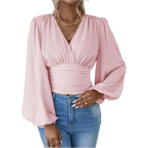 image:imageMakeMeChic Womens Wrap Top V Neck Lantern Sleeve Pleated Casual Blouse Top SpringPink