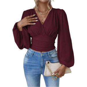 image:imageMakeMeChic Womens Wrap Top V Neck Lantern Sleeve Pleated Casual Blouse Top SpringRed Violet