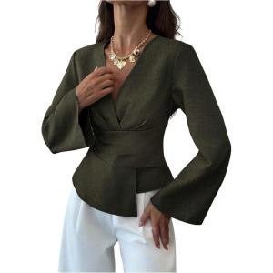 image:imageMakeMeChic Womens Wrap V Neck Blouse Bell Sleeve Pleated Business Dressy TopsArmy Green