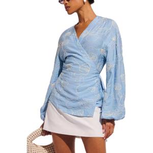 image:imageMakeMeChic Womens Wrap V Neck Blouses Long Sleeve Wrap Tie Casual Shirts Boho Summer TopsBlue