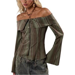 image:imageMakeMeChic Womens Y2k Striped Blouse Off The Shoulder Button Up Bell Sleeve TopsGreen