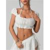 image:imageMAKEMECHIC Womens Summer Y2K Super Crop Tops Puff Sleeve Halter Eyelet Embroidery BlousesWhite