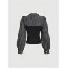 image:imageMakeMeChic Womens 2 in 1 Striped Lantern Long Sleeve Tops V Neck Collared Split Fitted Work BlousesBlack