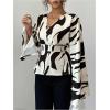 image:imageMakeMeChic Womens Abstract Print Collar Flare Sleeve Shirt Bell Sleeve V Neck Peplum BlouseApricot