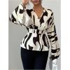 image:imageMakeMeChic Womens Abstract Print Collar Flare Sleeve Shirt Bell Sleeve V Neck Peplum BlouseApricot