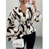 image:imageMakeMeChic Womens Abstract Print Collar Flare Sleeve Shirt Bell Sleeve V Neck Peplum BlouseApricot