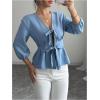 image:imageMakeMeChic Womens Blouse Lantern Sleeve V Neck Bow Tie Front Ruffle Shirt TopsBlue