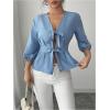 image:imageMakeMeChic Womens Blouse Lantern Sleeve V Neck Bow Tie Front Ruffle Shirt TopsBlue