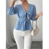 image:imageMakeMeChic Womens Blouse Lantern Sleeve V Neck Bow Tie Front Ruffle Shirt TopsBlue