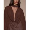 image:imageMakeMeChic Womens Chiffon Deep V Neck Blouse Draped Long Sleeve Business Tops with ScarfBrown