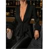 image:imageMakeMeChic Womens Deep V Neck Blouse Satin Tops Long Sleeve Silk Tie Front Belted Going Out TopsBlack