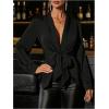 image:imageMakeMeChic Womens Deep V Neck Blouse Satin Tops Long Sleeve Silk Tie Front Belted Going Out TopsBlack