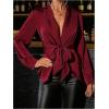 image:imageMakeMeChic Womens Deep V Neck Blouse Satin Tops Long Sleeve Silk Tie Front Belted Going Out TopsBurgundy