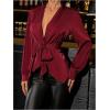 image:imageMakeMeChic Womens Deep V Neck Blouse Satin Tops Long Sleeve Silk Tie Front Belted Going Out TopsBurgundy