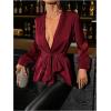 image:imageMakeMeChic Womens Deep V Neck Blouse Satin Tops Long Sleeve Silk Tie Front Belted Going Out TopsBurgundy