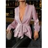 image:imageMakeMeChic Womens Deep V Neck Blouse Satin Tops Long Sleeve Silk Tie Front Belted Going Out TopsPink