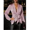 image:imageMakeMeChic Womens Deep V Neck Blouse Satin Tops Long Sleeve Silk Tie Front Belted Going Out TopsPink