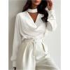 image:imageMakeMeChic Womens Elegant Satin Tops Draped Long Sleeve Keyhole Office Shirt Blouse TopWhite