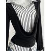 image:imageMakeMeChic Womens Fall Striped Button Down Draped Shirt Long Sleeve 2 in 1 Work Office Blouse TopsBlack