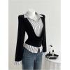 image:imageMakeMeChic Womens Fall Striped Button Down Draped Shirt Long Sleeve 2 in 1 Work Office Blouse TopsBlack