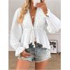 image:imageMakeMeChic Womens Lace V Neck Bell Sleeve Blouse Tie Front Ruffle Hem Going Out TopsWhite