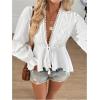 image:imageMakeMeChic Womens Lace V Neck Bell Sleeve Blouse Tie Front Ruffle Hem Going Out TopsWhite