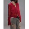 image:imageMakeMeChic Womens Long Sleeve Chiffon Mesh Blouse Ruffle Trim Tie Boho Crop Fairy TopsBurgundy
