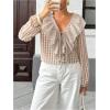 image:imageMakeMeChic Womens Plaid Deep V Neck Blouse Lantern Sleeve Tie Front Ruffle Tiered Shirt TopsKhaki