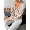 image:imageMakeMeChic Womens Plaid Deep V Neck Blouse Lantern Sleeve Tie Front Ruffle Tiered Shirt TopsKhaki
