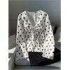 image:imageMakeMeChic Womens Polka Dots Bell Sleeve Blouse Tie Front V Neck Shirred Shirt TopsWhite