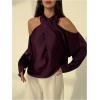 image:imageMakeMeChic Womens Satin Criss Cross Blouse Long Sleeve Cold Shoulder TopsRed Violet