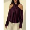 image:imageMakeMeChic Womens Satin Criss Cross Blouse Long Sleeve Cold Shoulder TopsRed Violet
