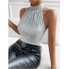image:imageMakeMeChic Womens Sequin Halter Tops Sparkly Tie Back Sleeveless Business BlouseSilver