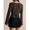 image:imageMakeMeChic Womens Striped Bell Sleeve Blouse V Neck Button Up Tie Back Dressy Shirt TopsCoffee Brown
