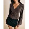 image:imageMakeMeChic Womens Striped Bell Sleeve Blouse V Neck Button Up Tie Back Dressy Shirt TopsCoffee Brown