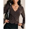 image:imageMakeMeChic Womens Striped Bell Sleeve Blouse V Neck Button Up Tie Back Dressy Shirt TopsCoffee Brown