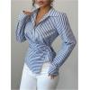 image:imageMakeMeChic Womens Striped Wrap Button Down Shirt Tie Side Long Sleeve Business BlouseBlue and White