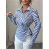 image:imageMakeMeChic Womens Striped Wrap Button Down Shirt Tie Side Long Sleeve Business BlouseBlue and White